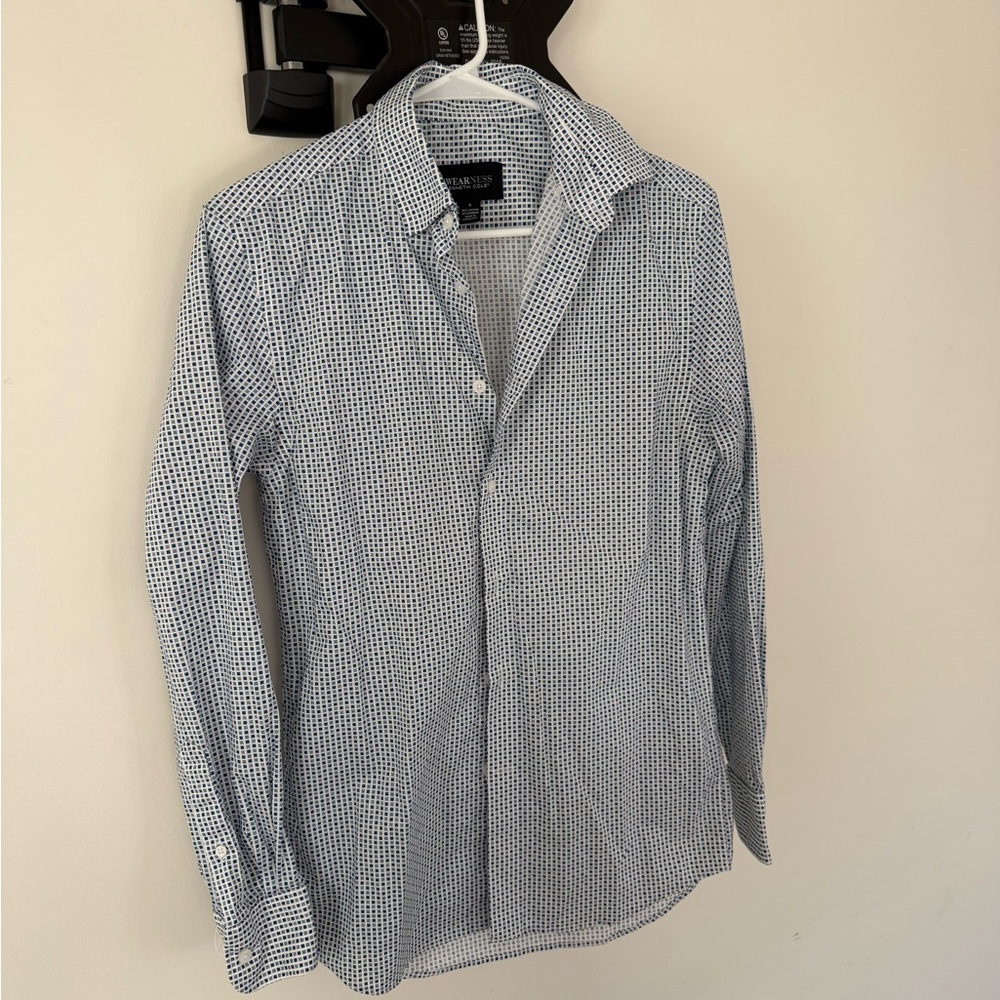 Kenneth Cole Men's White and Navy Patterned Shirt